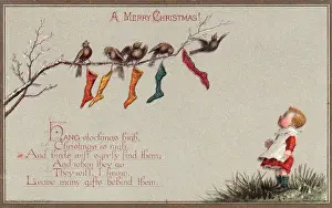 Sock Prints: Birds and stockings on a Christmas card
