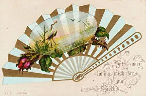 Birthday card with birds and rosebud on a fan