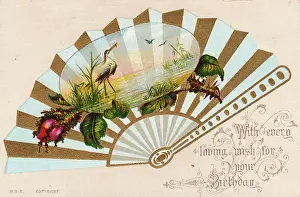 Wading Prints: Birthday card with birds and rosebud on a fan
