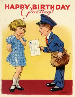 Delivering Prints: Birthday card, girl and postman