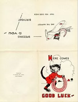 Speeding Gallery: Birthday card, Good Luck, with black cat, aeroplane and horseshoe Date: 20th century