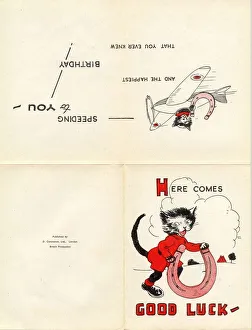 Speeding Prints: Birthday card, Good Luck, with black cat, aeroplane and horseshoe Date: 20th century