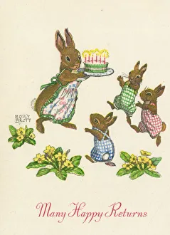 Candles Gallery: Birthday card, Many Happy Returns, rabbits with cake