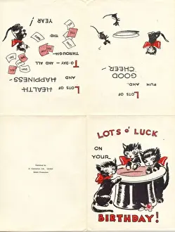Birthday card, Lots of Luck, with three black cats and a top hat Date: 20th century
