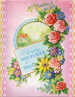 Images Dated 6th July 2018: Birthday card with pink roses and rural scene