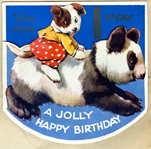 Panda Prints: Birthday card, Puppy riding on a panda