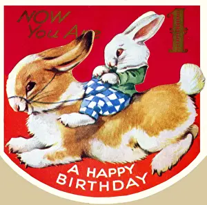 Bunny Prints: Birthday Card, Rabbit riding on larger Rabbit