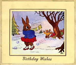 Throw Gallery: Birthday Card, rabbit snowballed by squirrels