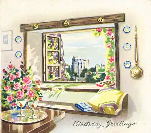 Warming Gallery: Birthday card with a view through a window