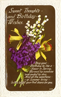 Birthday card with violets, lily of the valley and daffodils Birthday card with violets, lily of the valley and daffodils