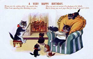 Anthropomorphism Collection: Birthday Greetings postcard - A family of Cats at home
