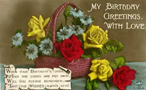 Wickerwork Gallery: Birthday postcard with basket of flowers and verse