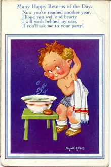 Ears Prints: Birthday postcard, Little boy getting washed Date: 20th century