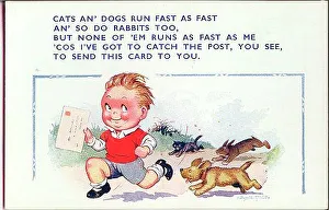 Birthday postcard, Little boy running to the post, chased by a cat, a dog and a rabbit Date: 20th century