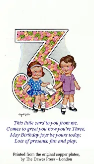 Birthday postcard, Little girl and boy, 3rd birthday Date: 20th century