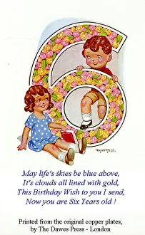Birthday postcard, Little girl and boy, 6th birthday Date: 20th century