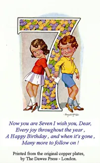 Birthday postcard, Little girl and boy, 7th birthday Date: 20th century