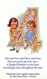 Birthday postcard, Little girl and boy, 4th birthday Date: 20th century