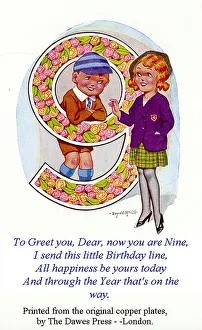Birthday postcard, Little girl and boy, 9th birthday Date: 20th century