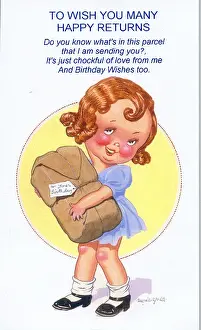 Wishes Prints: Birthday postcard, Little girl carrying a parcel Date: 20th century