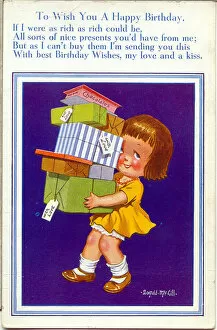 Parcels Collection: Birthday postcard, Little girl carrying a stack of presents