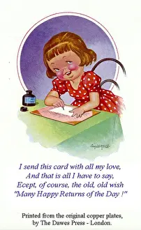 Returns Prints: Birthday postcard, Little girl writing a card Date: 20th century