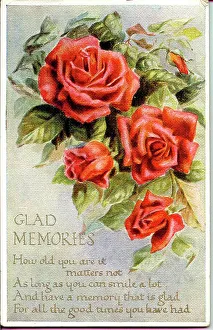 Birthday postcard, Orange roses, Glad Memories, with verse Date: early 20th century