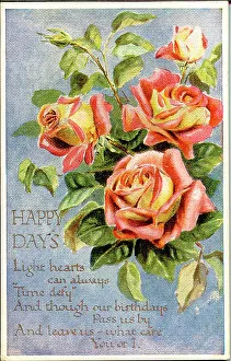 Sentimental Prints: Birthday postcard, Pink and yellow roses, Happy Days Date: early 20th century