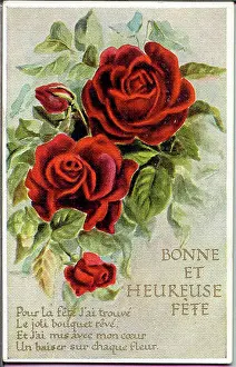Fete Prints: Birthday postcard, Red roses, Bonne et Heureuse Fete Date: early 20th century