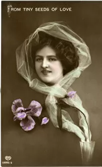 Images Dated 27th July 2018: Birthday postcard, woman and mauve flowers