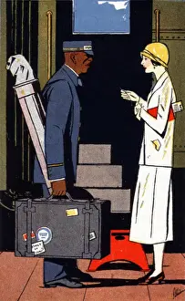 Cheque Prints: Black American porter with an elegant ladys luggage