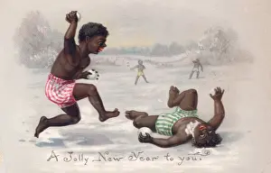 Snowballing Prints: Two black boys on a New Year card