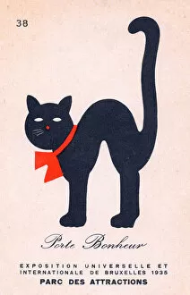 Black cat with red ribbon on a Belgian postcard