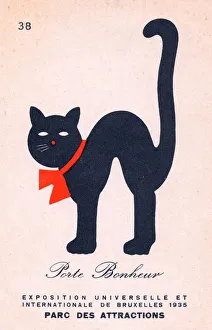 Arched Gallery: Black cat with red ribbon on a Belgian postcard