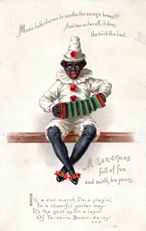 Concertina Prints: Black clown playing concertina on a Christmas card