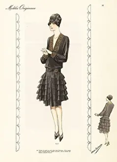 Black satin visiting dress, skirt with six flaring flounces