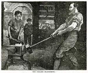 Images Dated 27th March 2019: Blacksmith hammering at a lump of metal with a long hammer