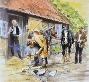 Blacksmith shoeing a horse