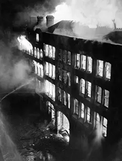 Volunteers Prints: Blitz in London -- large building on fire, WW2
