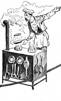 Blondin cooking an omelette in a high-wire act, 19th century