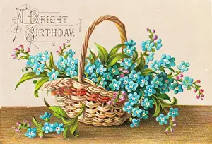 Forgetmenots Prints: Blue flowers in a basket on a birthday card