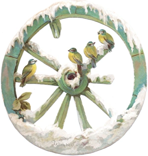 Victorian and Edwardian Christmas Cards Gallery: Blue tits perched on a wheel on a cutout Christmas card
