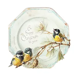 Cones Prints: Three blue tits on a plate-shaped Christmas card
