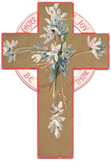 Blue and white flowers on a cross-shaped Easter card