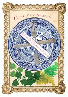 Blue and white plate with cutlery on a greetings card Blue and white plate with cutlery on a greetings card