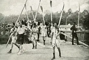 Boat crew arriving at the boat house, Oxford University