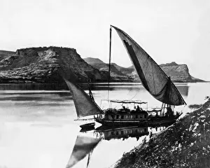 Egyptain Prints: Boat at Qasr Ibrim on the River Nile, Egypt