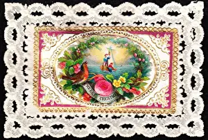 Boating scene with robin on a Christmas card