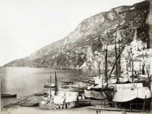 Boats tied up along the beach at Amalfi, Italy