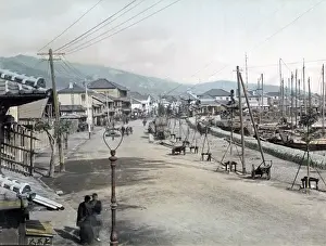 Bund Prints: Boats tied up along the Bund, Kobe, Japan, circa 1880s